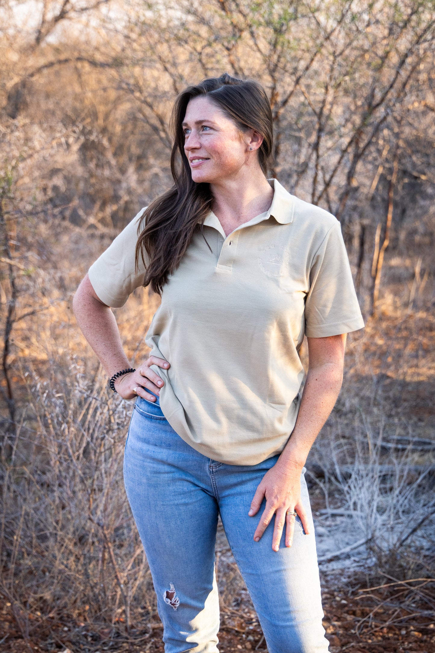 Golf shirt with circular embroidered logo